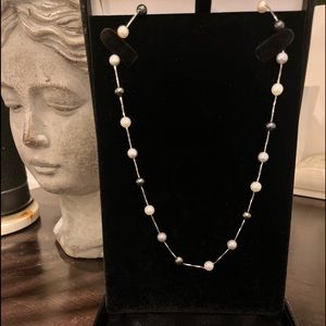 14K white gold (box chain) with round freshwater pearls station necklace